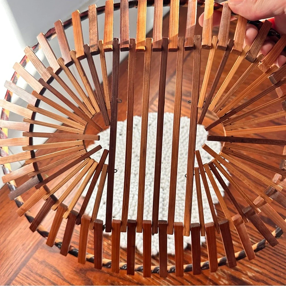 Vintage MCM bamboo wood slat basket oval shape